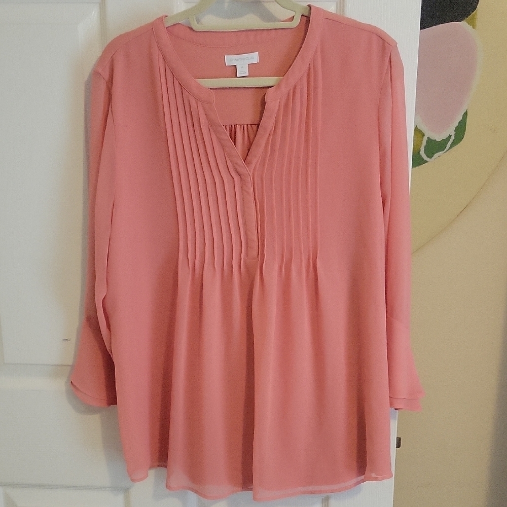 Charter Club SzXL sheer overlay lined sheer angel sleeve peach Pleated Blouse